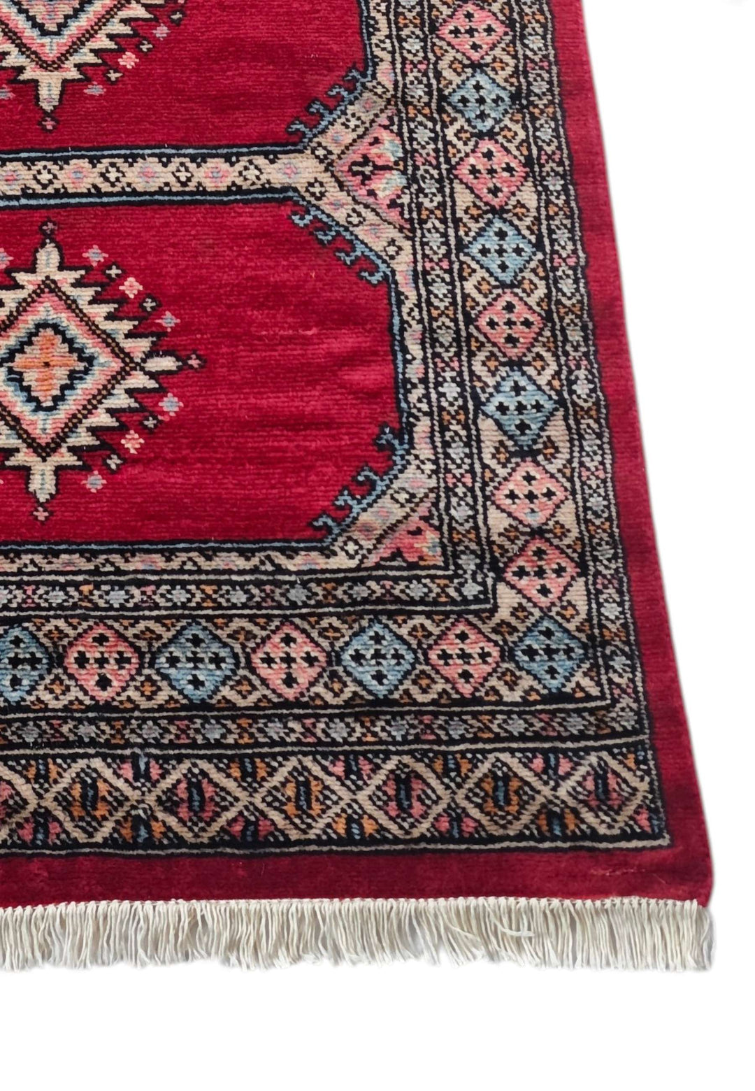 Crimson and salmon hand-knotted Bokhara wool runner, 246cm long