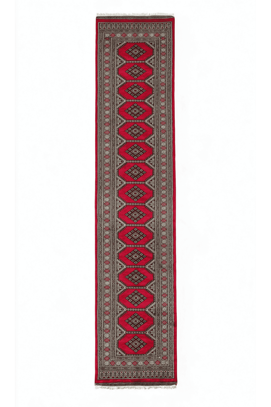 Crimson and taupe compartment medallion runner, 78×360cm, hand-knotted wool