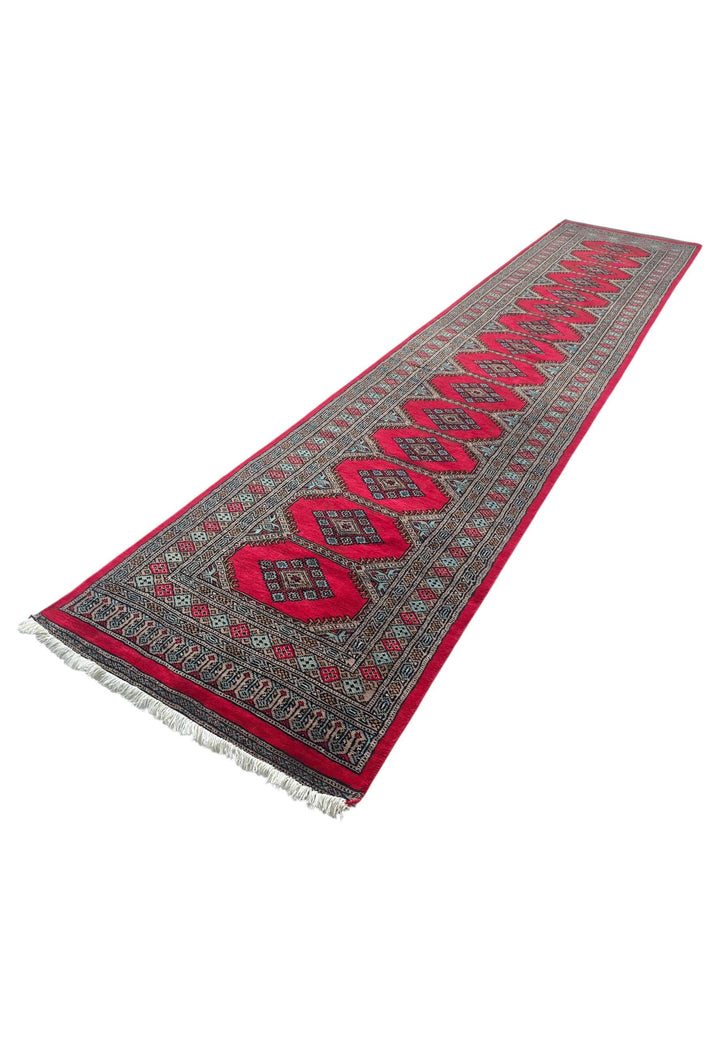 Hand-knotted wool pile of crimson compartment runner, 78×360cm