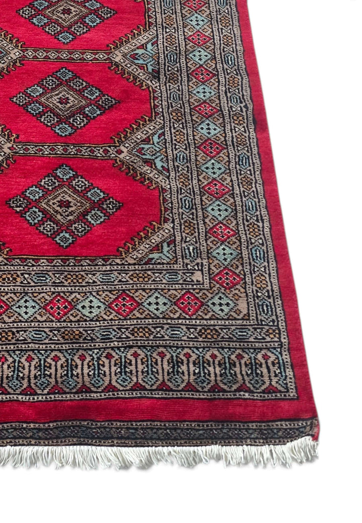 Long crimson and taupe hand-knotted Bokhara wool runner, 360cm