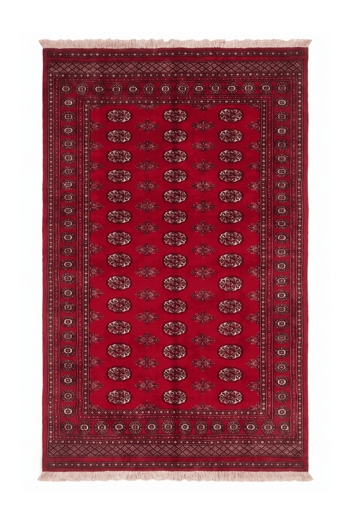 Crimson and cream Turkmen gül Bokhara rug, 156×254cm, about 2 tatami