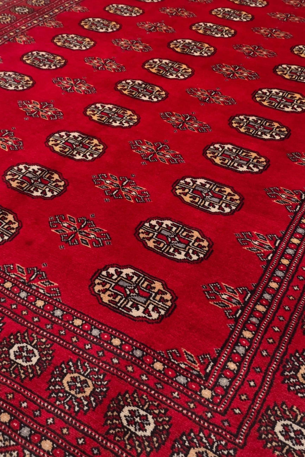 Turkmen gül motifs in crimson and cream on Bokhara wool rug