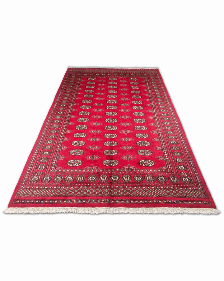 Hand-knotted wool pile of crimson cream Bokhara rug, 156×254cm