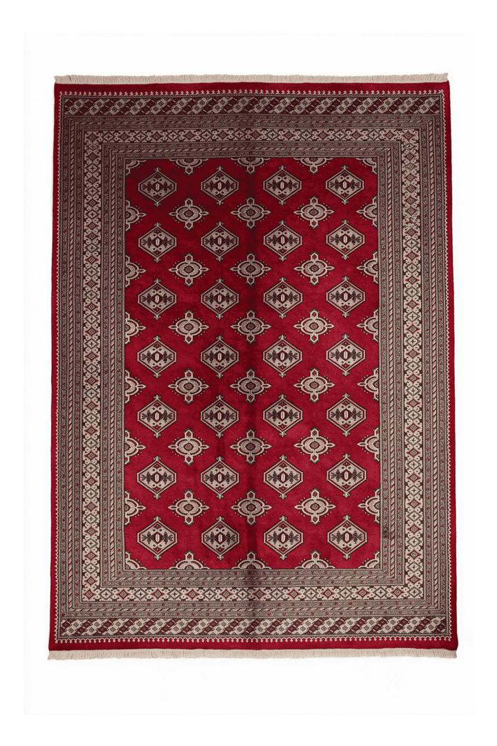 Deep crimson Turkmen gül Bokhara hand-knotted wool rug, 197×252cm, 3 tatami