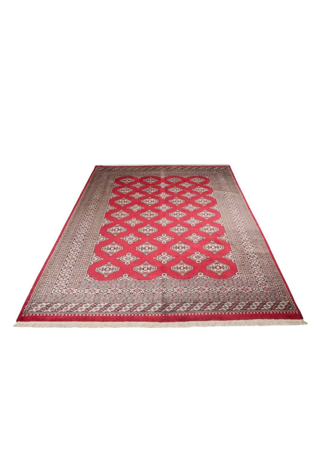Hand-knotted wool pile of deep crimson Bokhara rug, 197×252cm