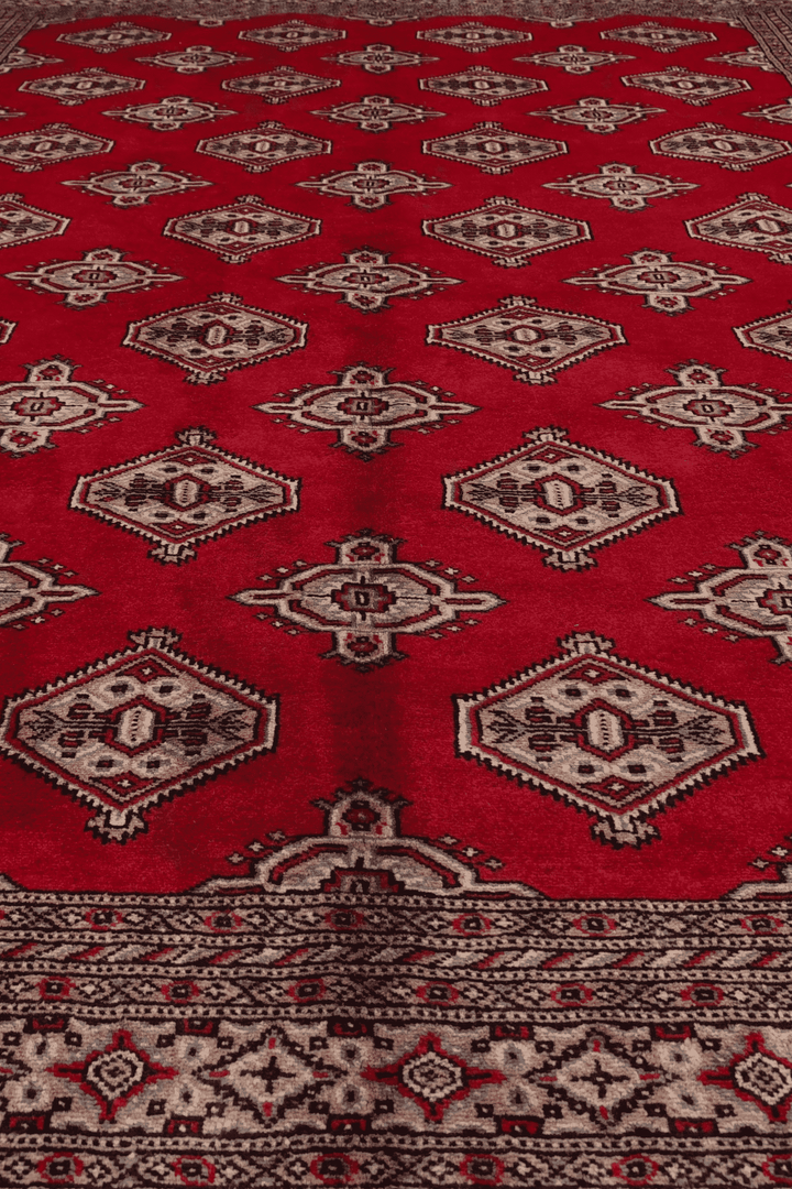 One-of-a-kind deep crimson Pakistani Bokhara wool rug, 197×252cm