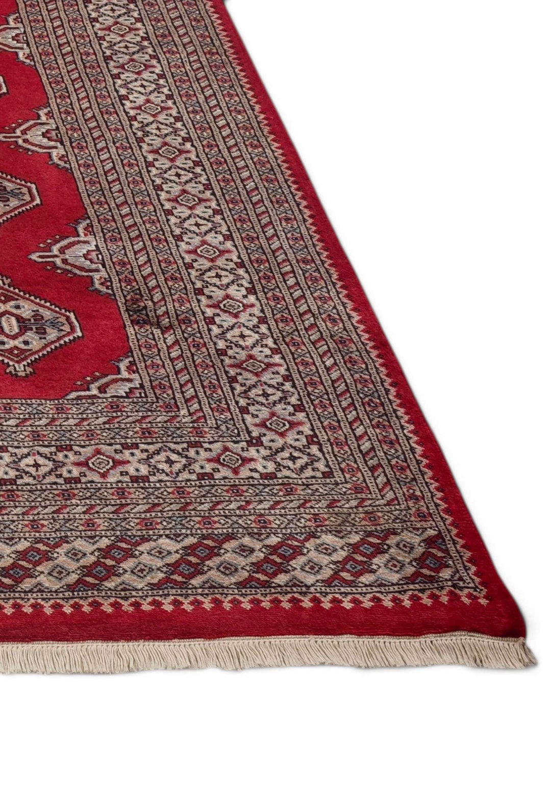 Hand-knotted deep crimson Bokhara rug with repeating Turkmen güls