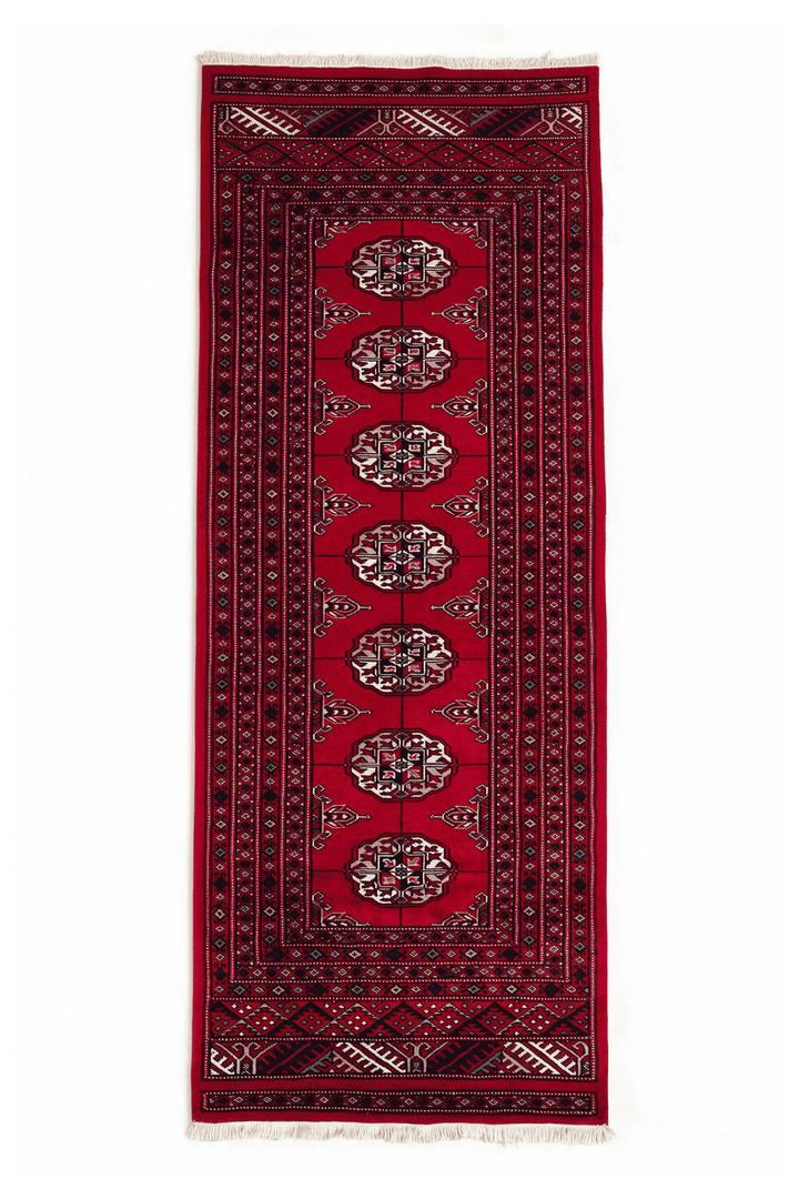 Crimson Turkmen gül Bokhara hand-knotted wool rug, 70×156cm, about 1.5 tatami
