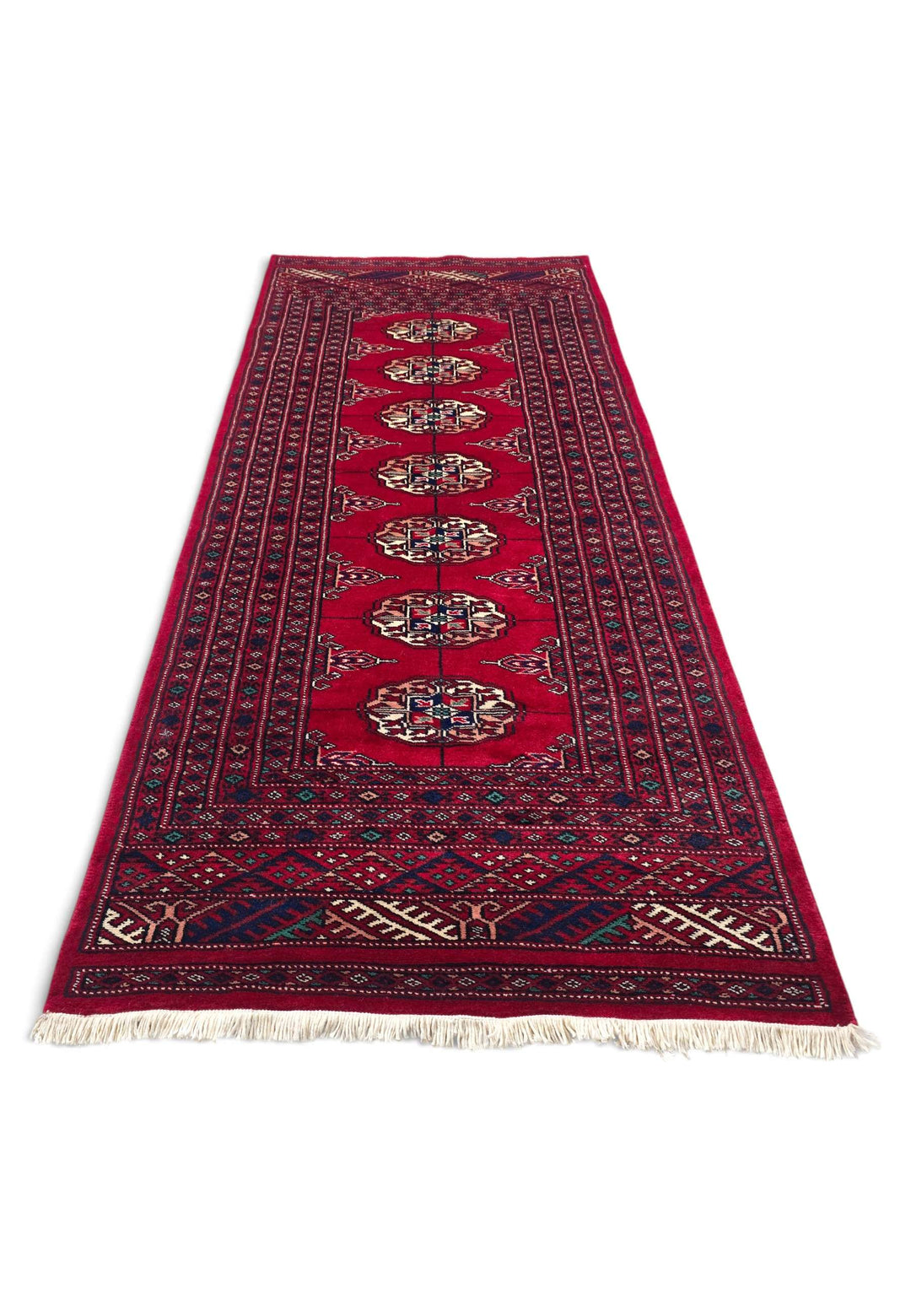 Deep multi-band borders on crimson Pakistani Bokhara hand-knotted rug