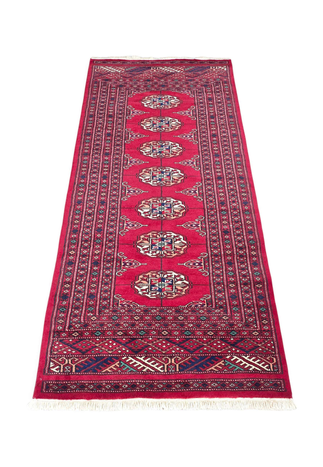 Hand-knotted wool pile of crimson Bokhara rug, 70×156cm