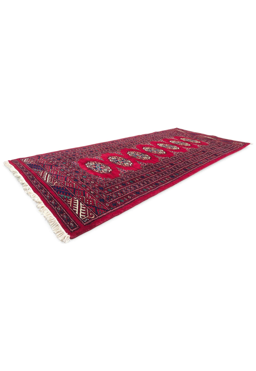 Ivory fringe and end panel of crimson Turkmen gül Bokhara rug