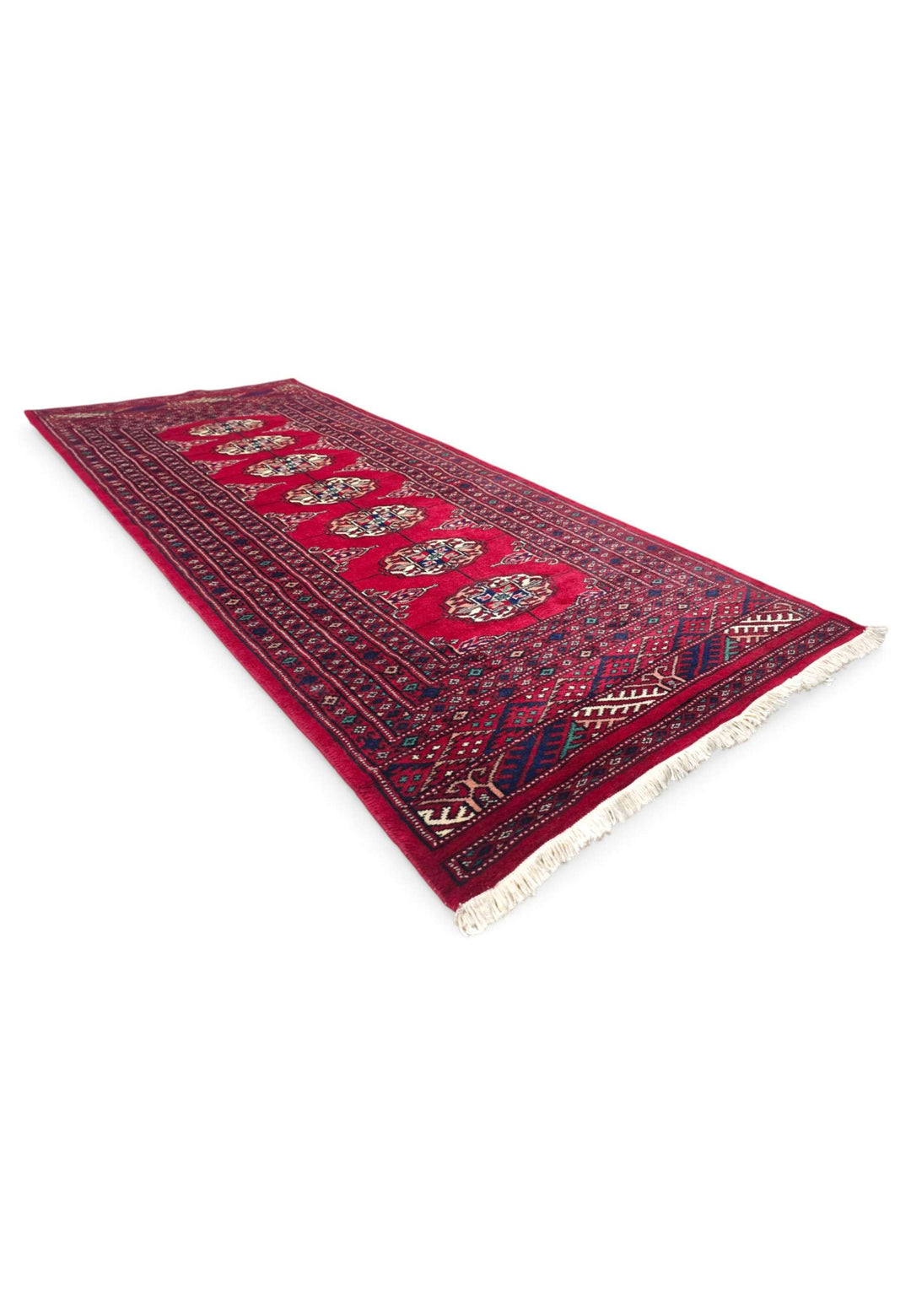 Latch-hook and diamond diaper border detail, crimson Bokhara wool rug