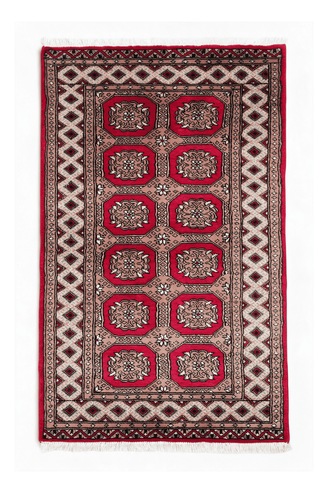 Crimson Red Pakistani Bokhara Rug, gul design, hand-knotted, 78×129cm