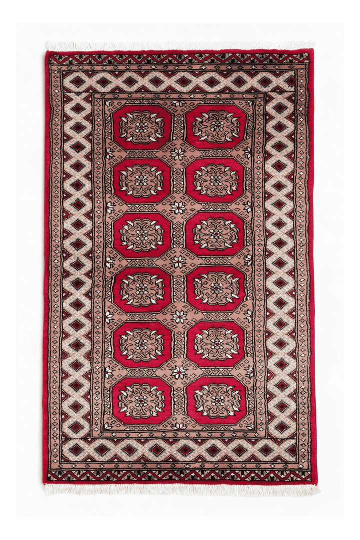 Crimson Red Pakistani Bokhara Rug, gul design, hand-knotted, 78×129cm