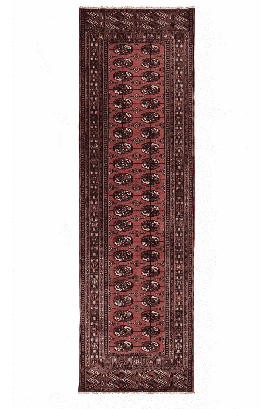 Brick red and ivory Turkmen gül Afghan Sherwan runner, 90×353cm