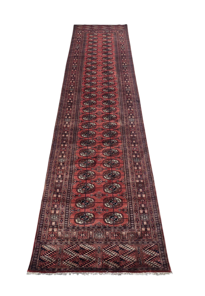 Border detail of brick red hand-knotted Afghan Sherwan runner