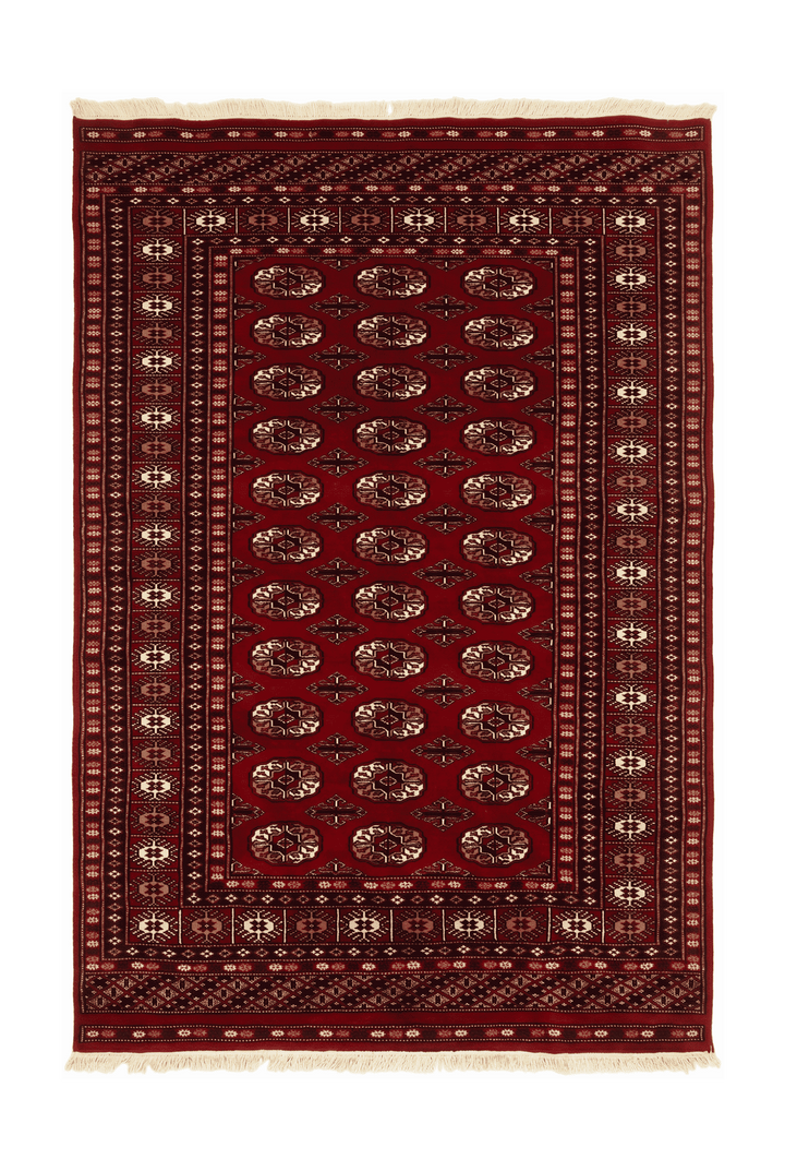 Deep oxblood red Turkmen gül Bokhara rug, 123×178cm, about 1.5 tatami