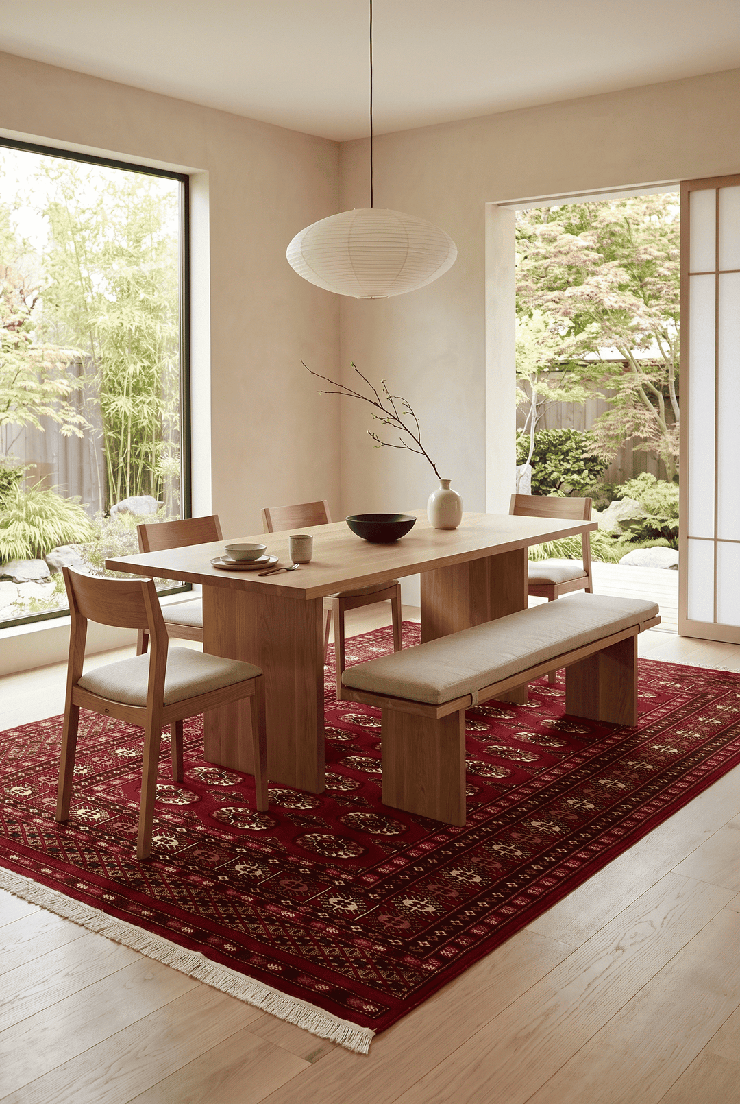 Border detail of deep oxblood red hand-knotted Bokhara rug