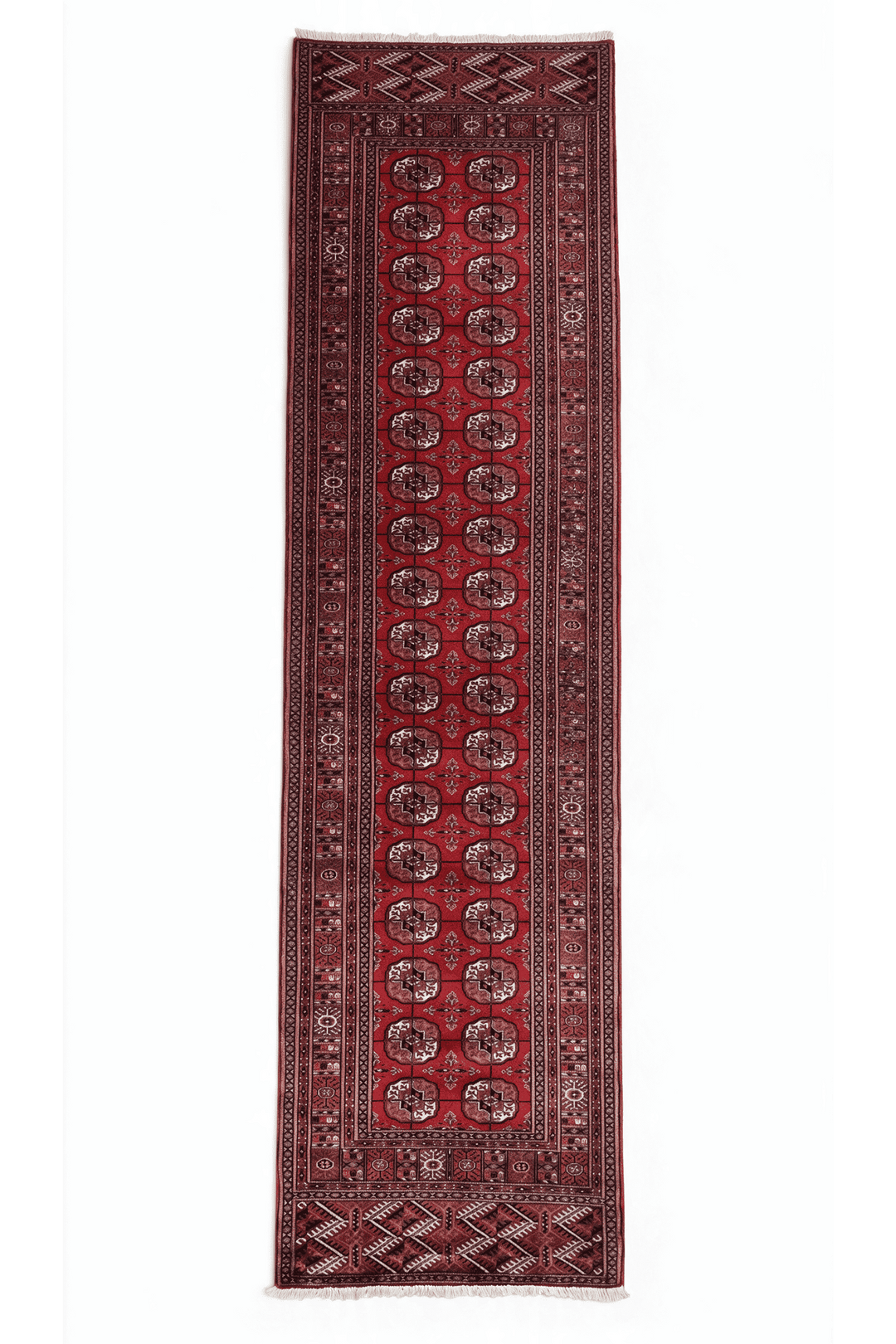 Deep red and cream Turkmen gül Afghan Sherwan runner, 94×370cm, hand-knotted