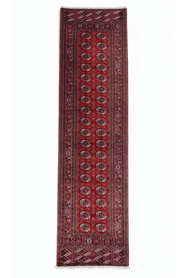 Deep red and cream Turkmen gül Afghan Sherwan runner, 94×370cm, hand-knotted
