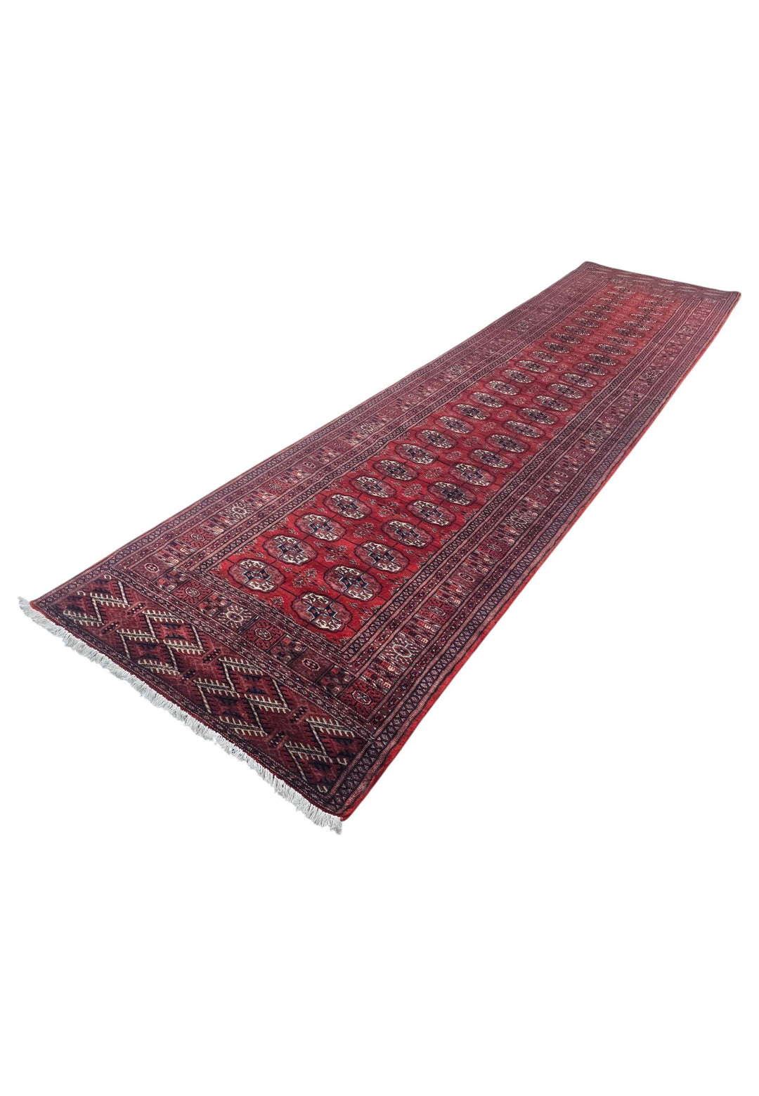Hand-knotted wool pile of deep red Afghan runner, 94×370cm