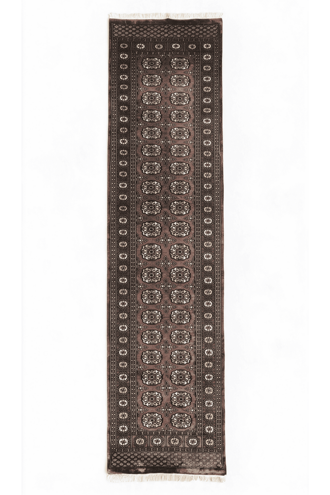 Taupe and cream Turkmen gül Bokhara runner, 77×274cm, hand-knotted wool