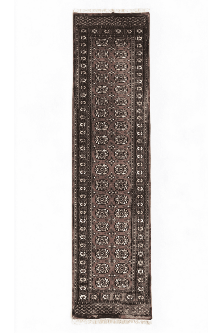 Taupe and cream Turkmen gül Bokhara runner, 77×274cm, hand-knotted wool