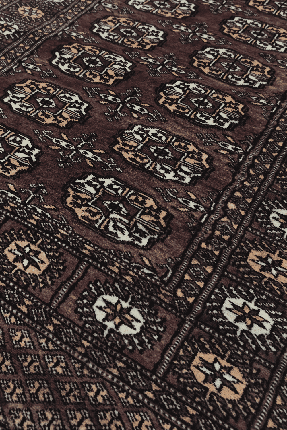 Turkmen gül motifs in taupe and cream on Bokhara runner