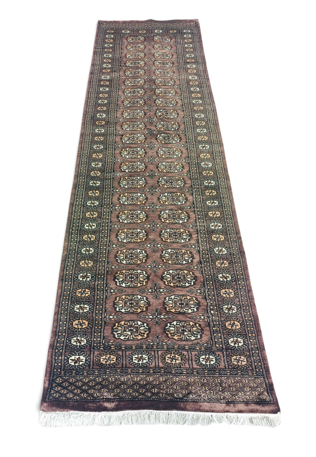 Border detail of taupe and cream hand-knotted Bokhara runner