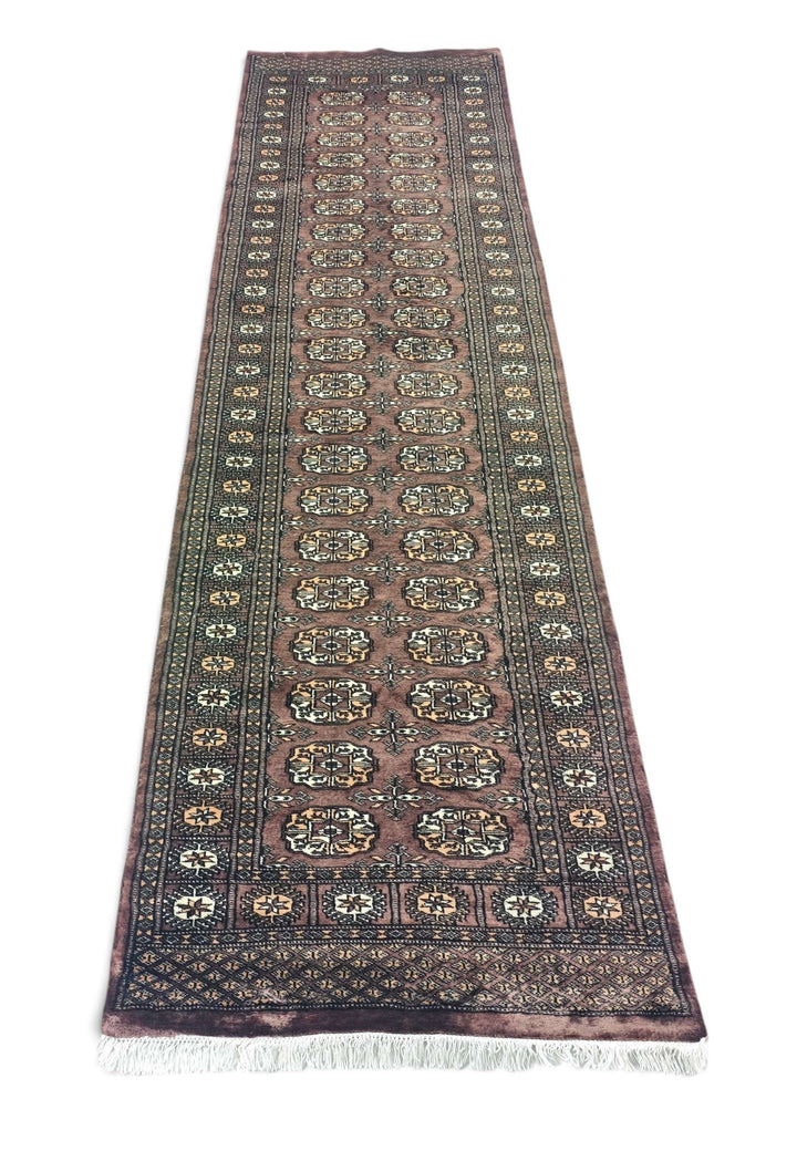 Border detail of taupe and cream hand-knotted Bokhara runner