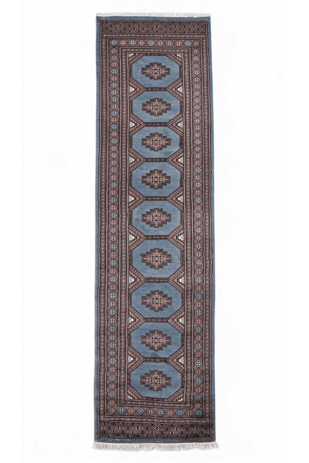 Dusty blue and rose stepped medallion Bokhara runner, 79×297cm, hand-knotted