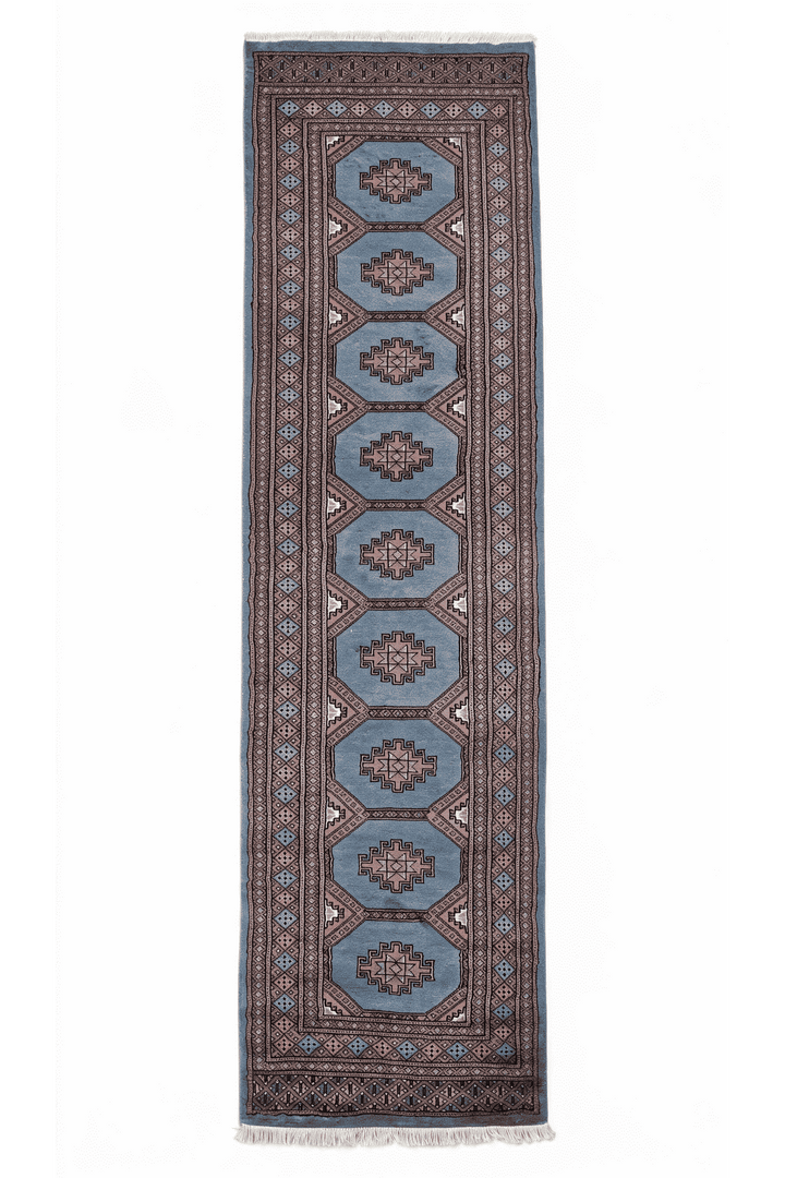 Dusty blue and rose stepped medallion Bokhara runner, 79×297cm, hand-knotted