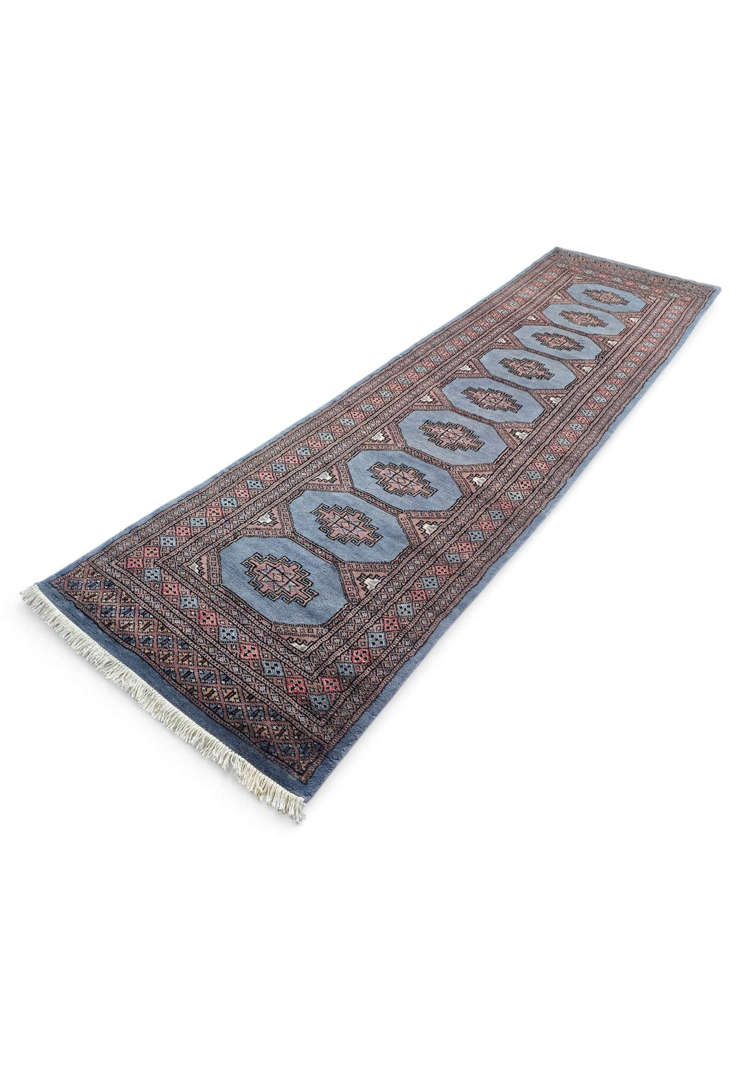 Hand-knotted wool pile of dusty blue Bokhara runner, 79×297cm