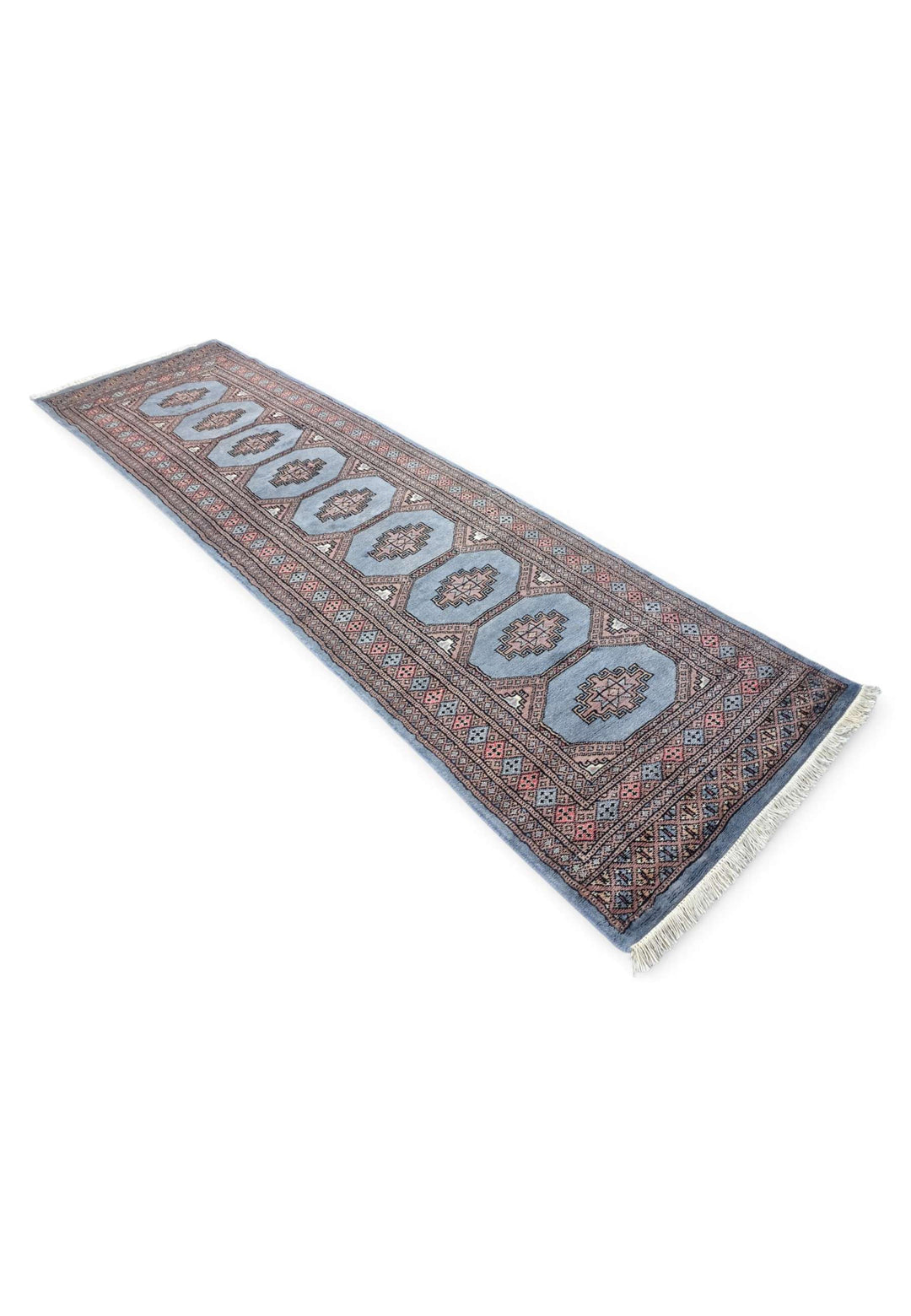 Dusty blue Bokhara runner 79×297cm, Pakistani craftsmanship