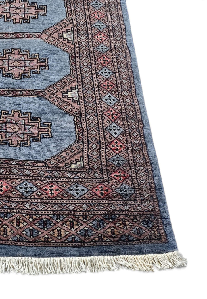 Dusty blue and rose hand-knotted Bokhara wool runner, 297cm long