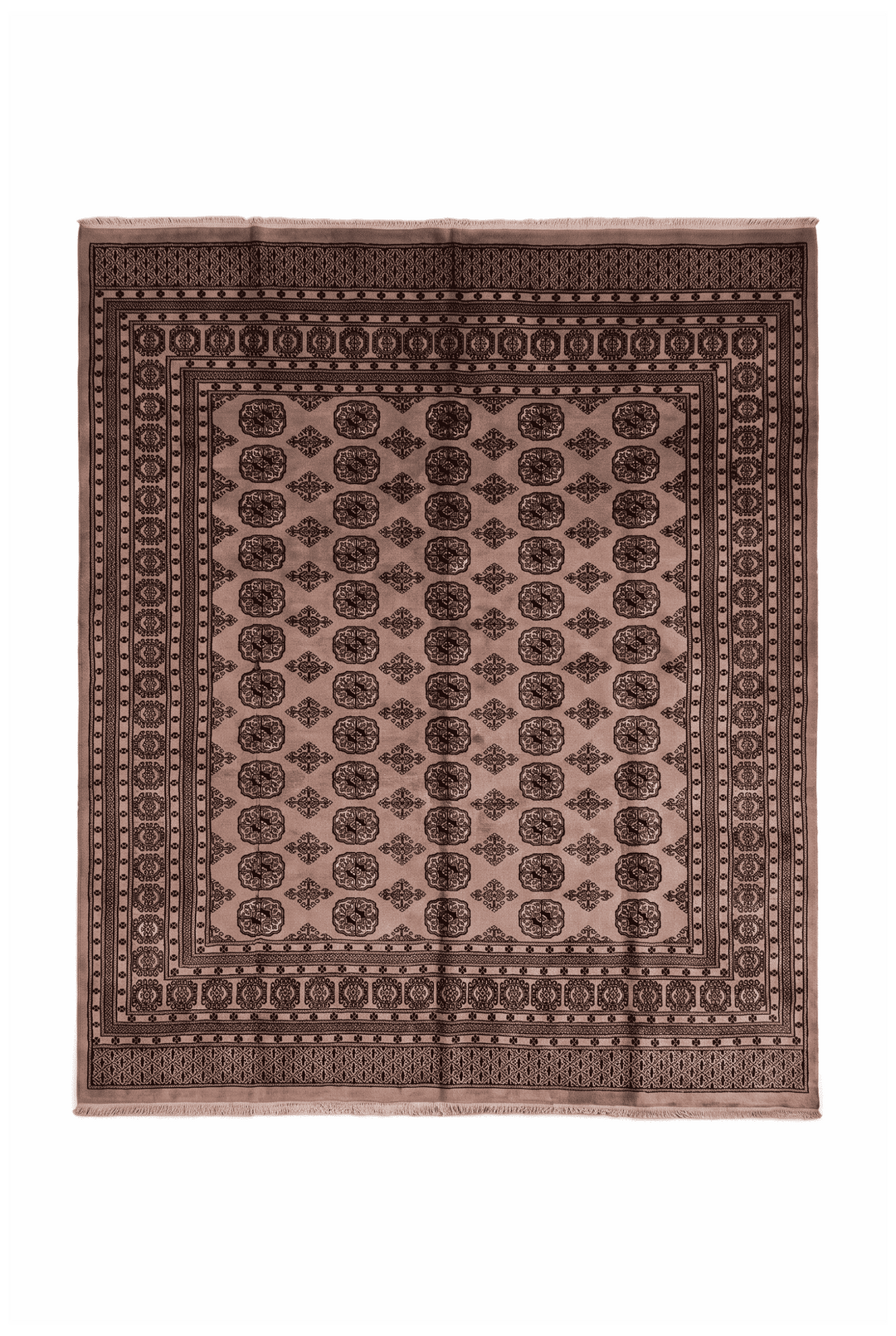 Dusty taupe Turkmen gül Bokhara square rug, 248×250cm, about 4.5 tatami