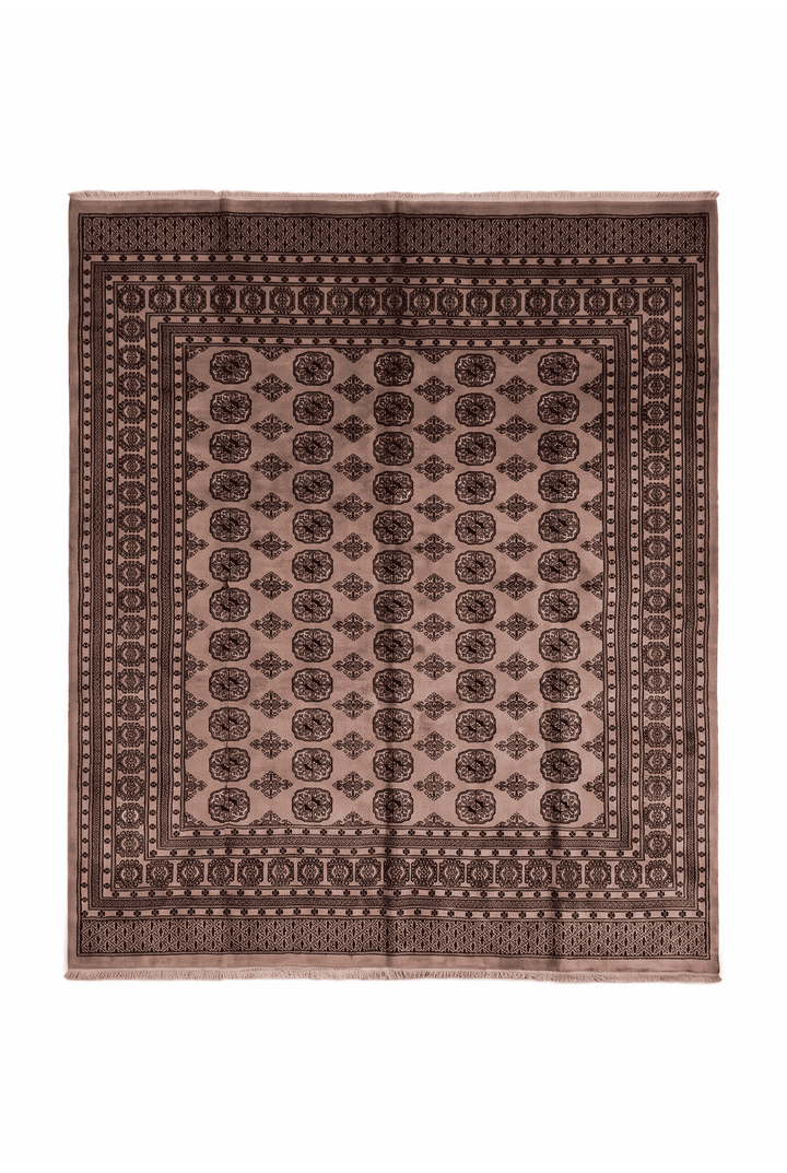 Dusty taupe Turkmen gül Bokhara square rug, 248×250cm, about 4.5 tatami