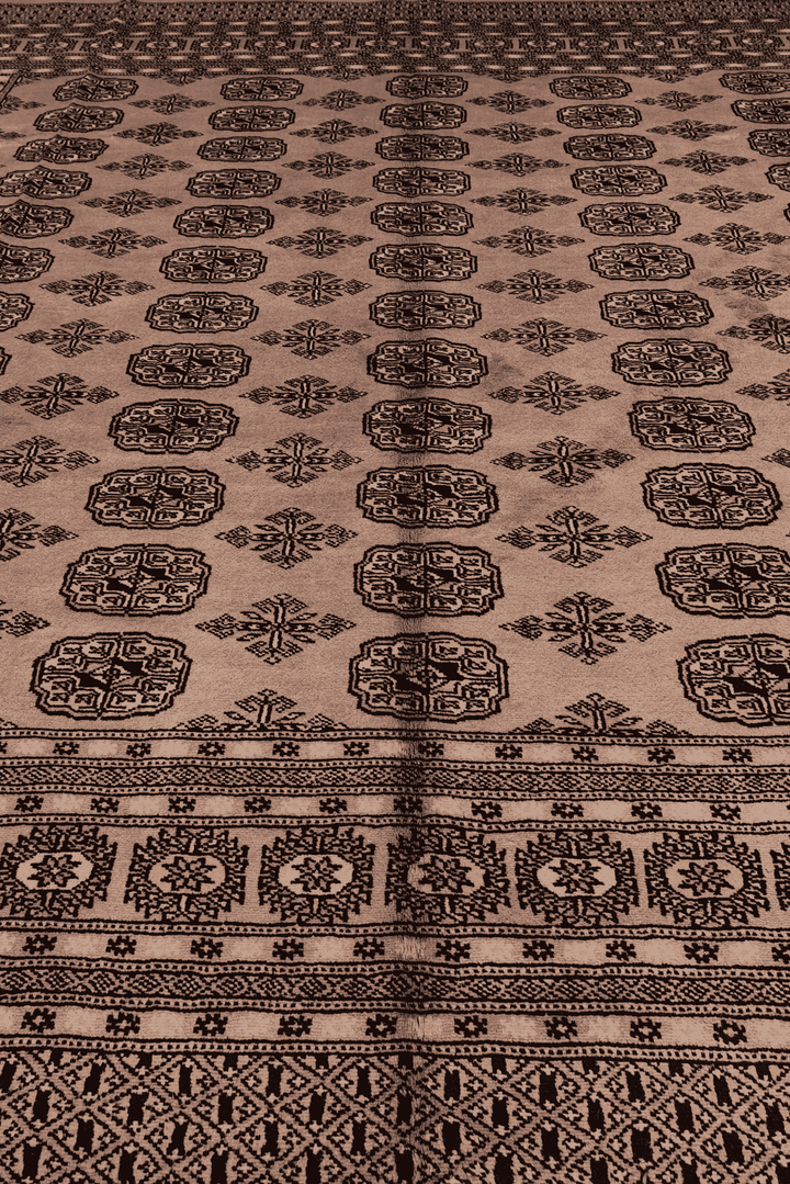 Hand-knotted wool pile of dusty taupe square Bokhara rug, 248×250cm