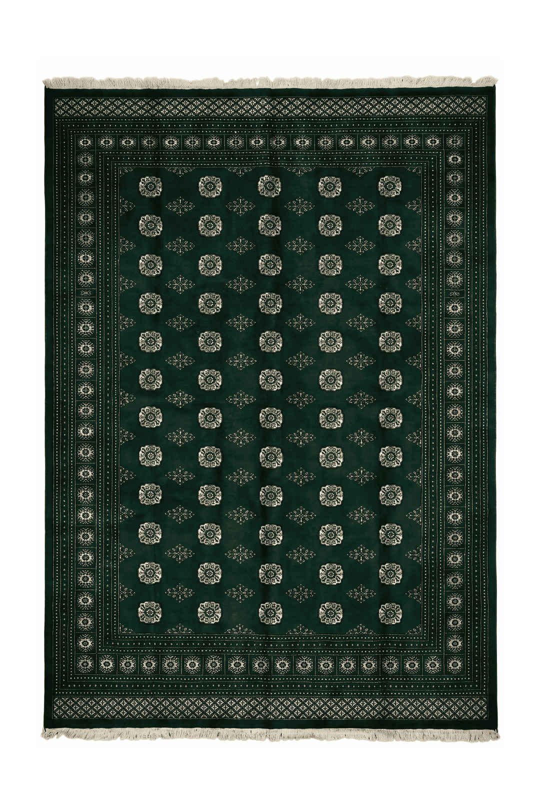 Emerald green Turkmen gül Bokhara rug, 247×291cm, about 4.5 tatami