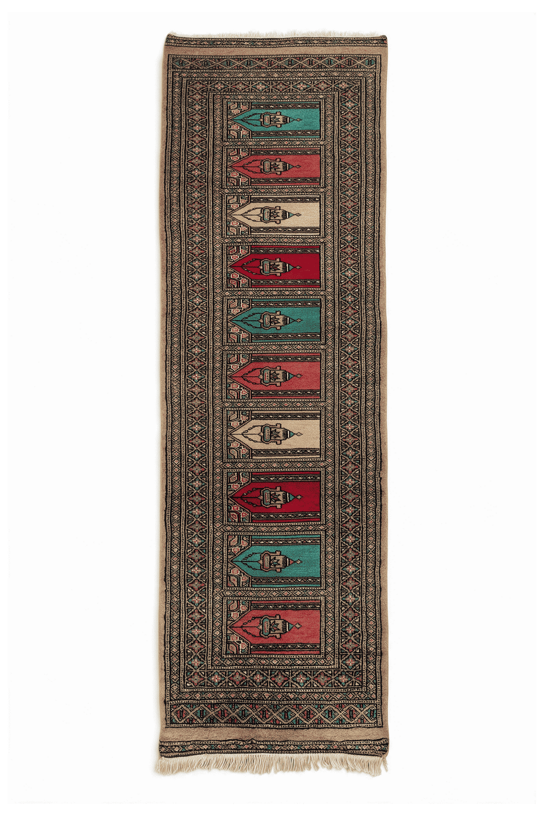 Camel saf multi-niche prayer design hand-knotted Bokhara wool rug, 62×187cm runner