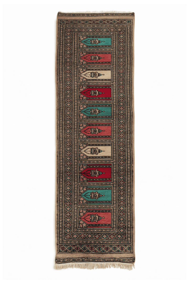 Camel saf multi-niche prayer design hand-knotted Bokhara wool rug, 62×187cm runner
