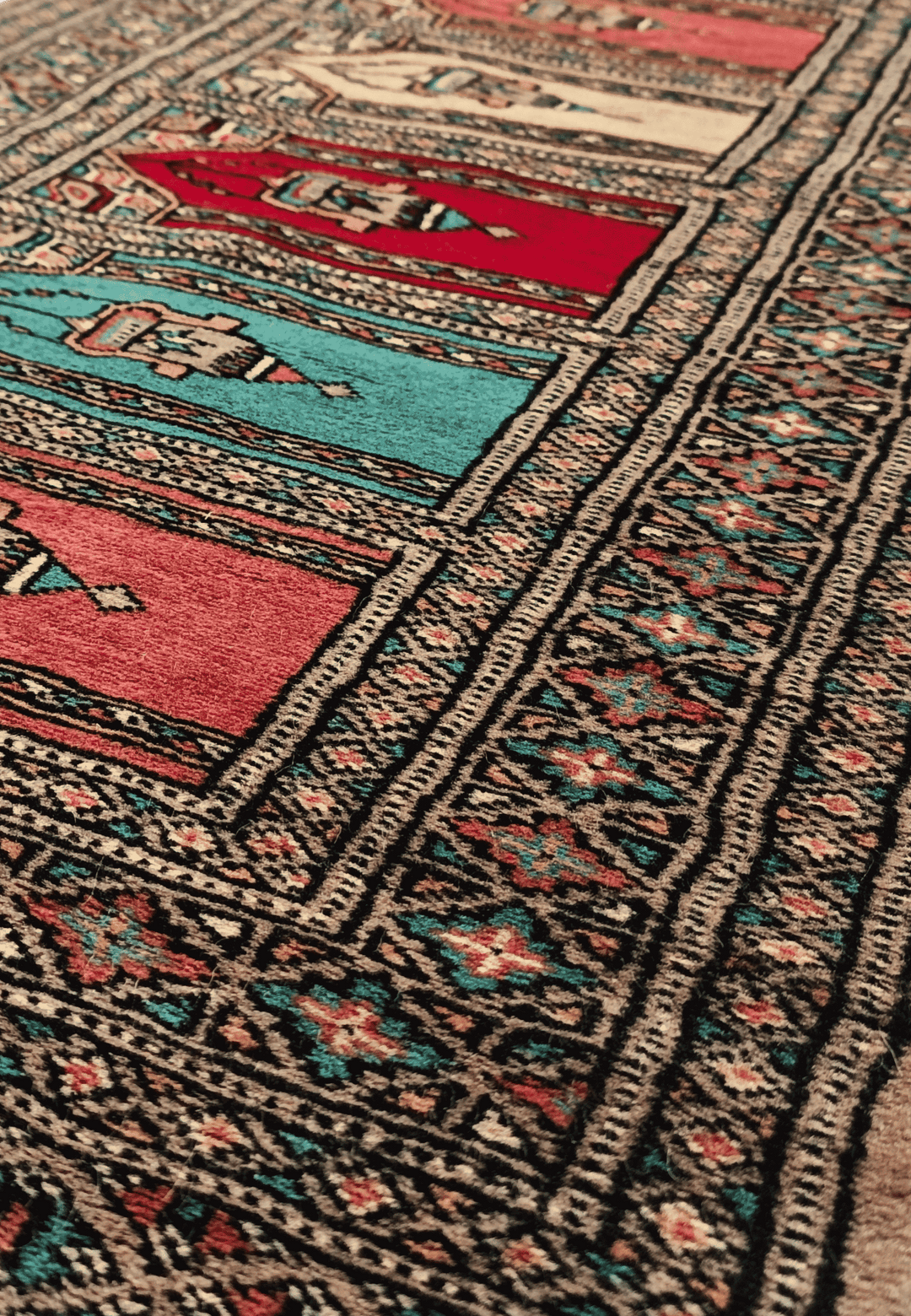 Arched niche detail on camel saf Pakistani Bokhara wool rug