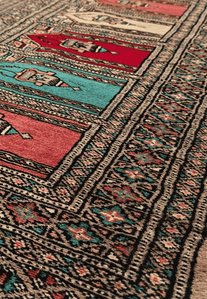 Arched niche detail on camel saf Pakistani Bokhara wool rug