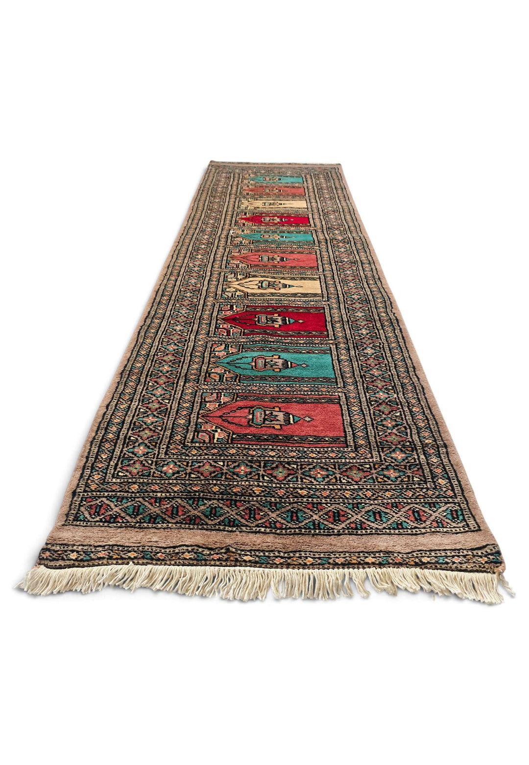 Red and teal border detail, camel saf hand-knotted Bokhara rug