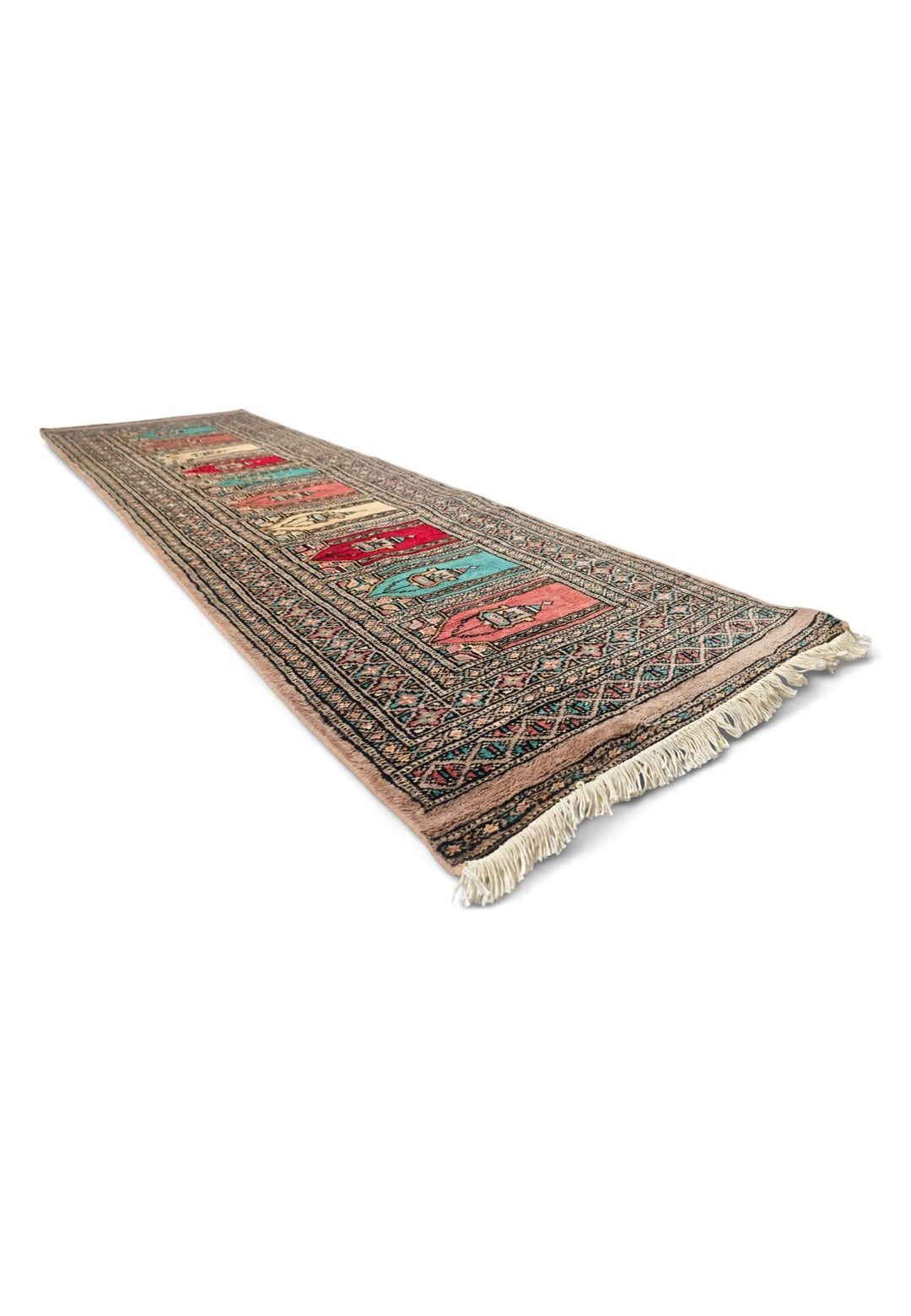 Narrow runner rug in camel wool with saf prayer niches, 62×187cm