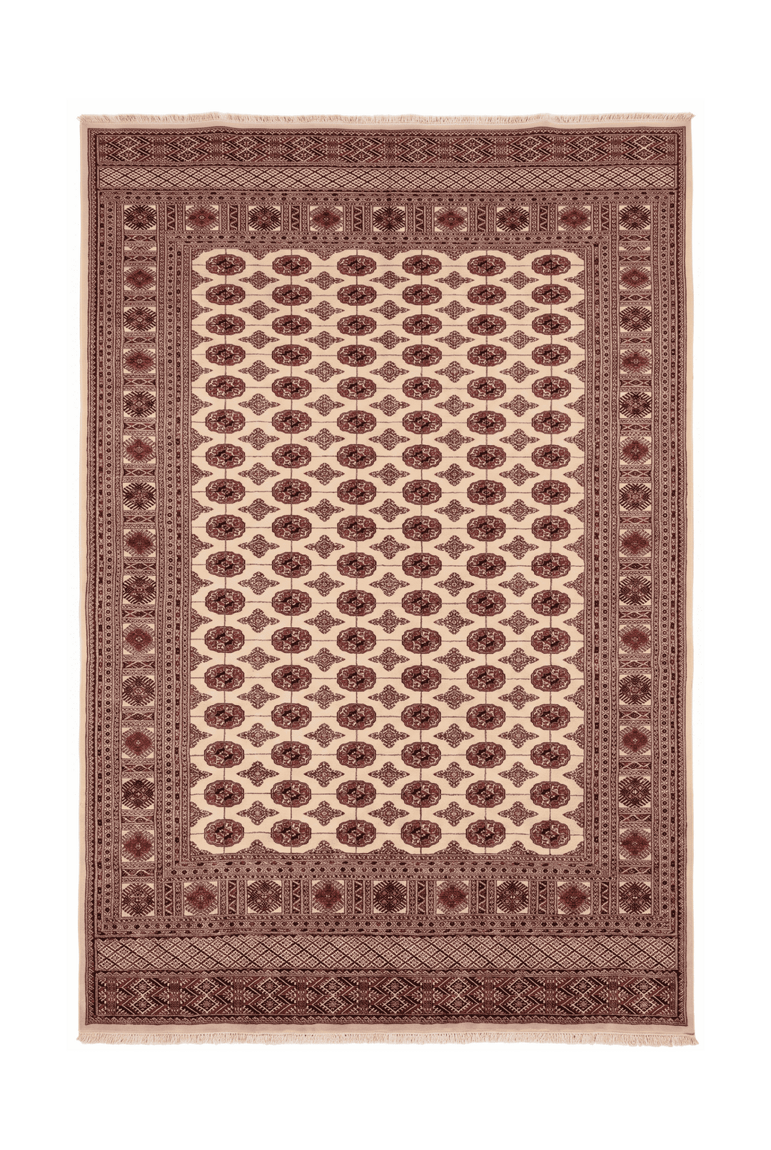 Ivory and rust Turkmen gül Bokhara hand-knotted wool rug, 277×378cm, 6 tatami
