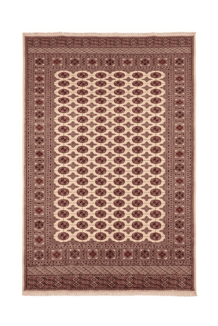 Ivory and rust Turkmen gül Bokhara hand-knotted wool rug, 277×378cm, 6 tatami