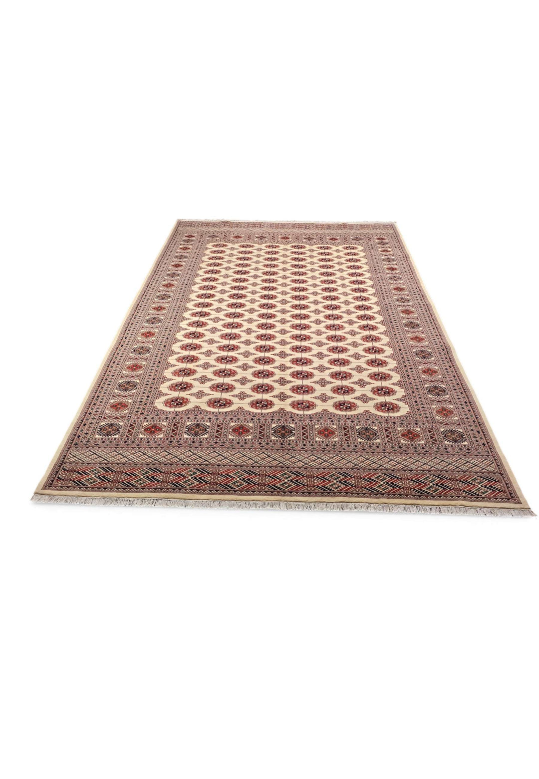 Border detail of ivory and rust hand-knotted Bokhara wool rug