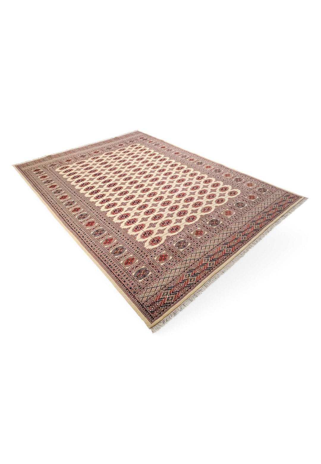 Hand-knotted wool pile of ivory rust Bokhara rug, 277×378cm
