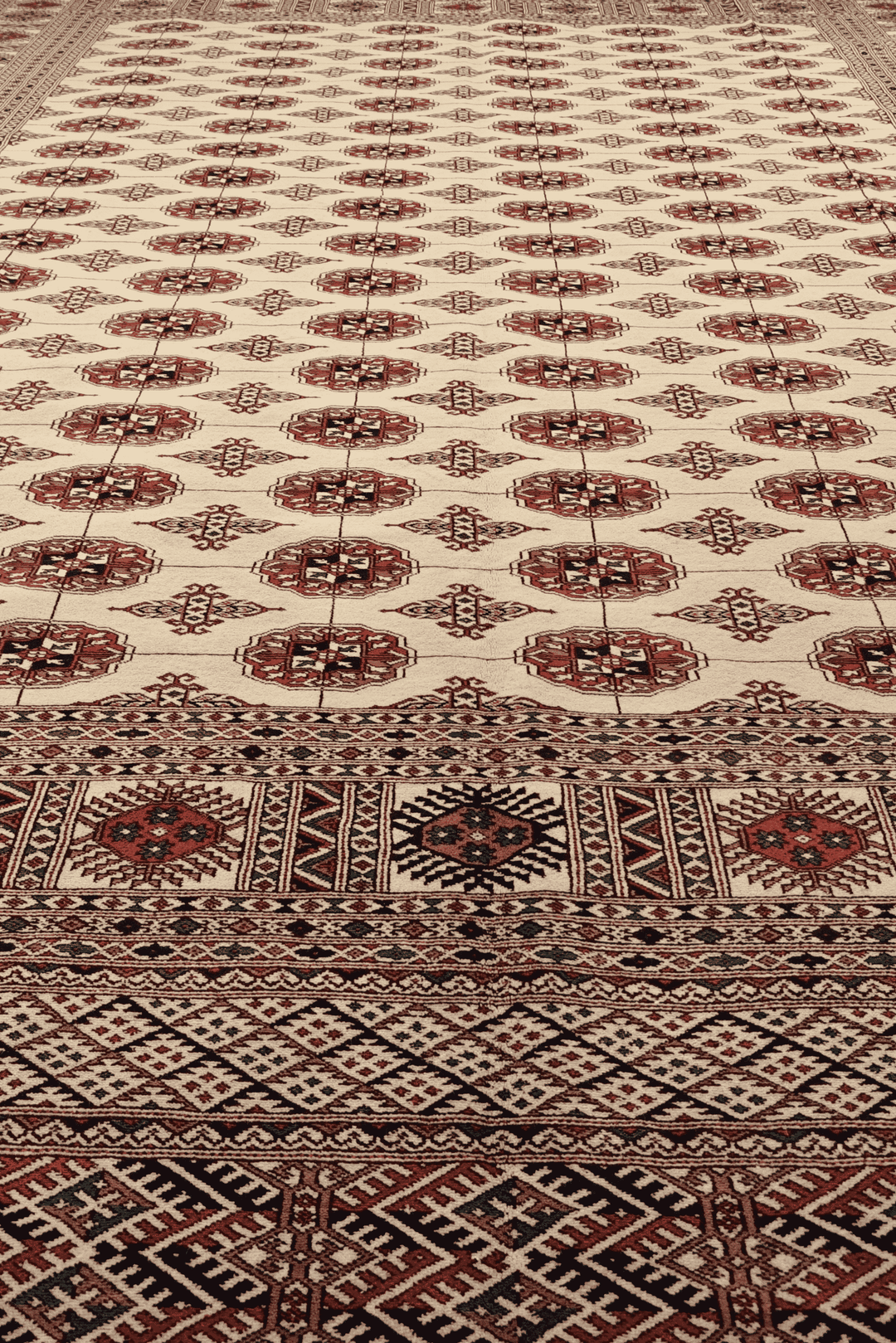 Ivory and rust Turkmen gül rug for a large living room, about 6 tatami